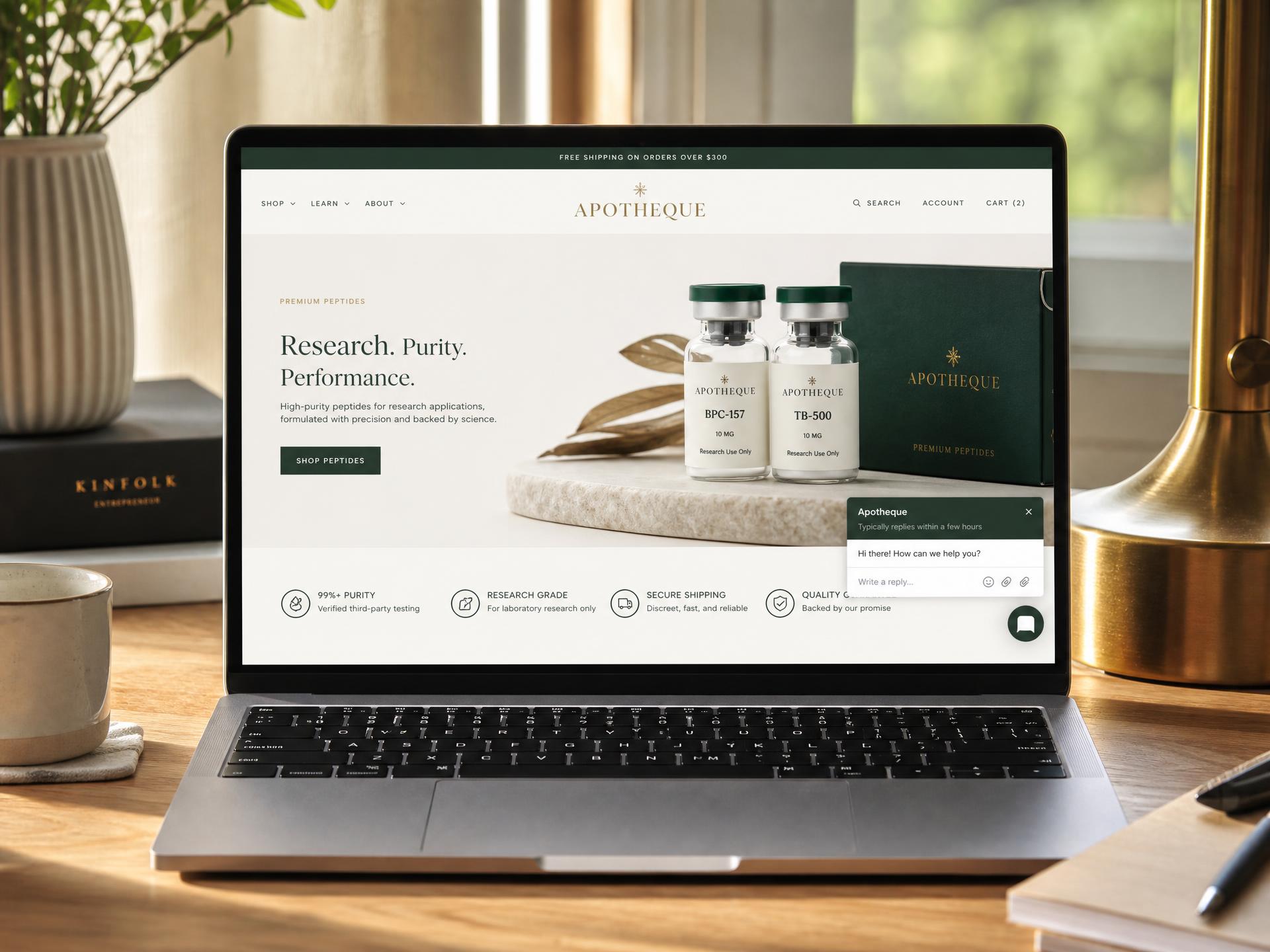 Peptide storefront with an Eir chat widget embedded in the corner