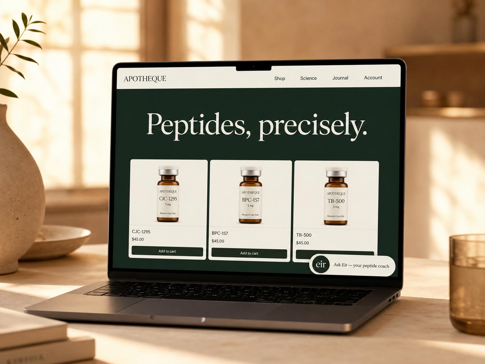 Peptide storefront with an Eir chat widget embedded in the corner