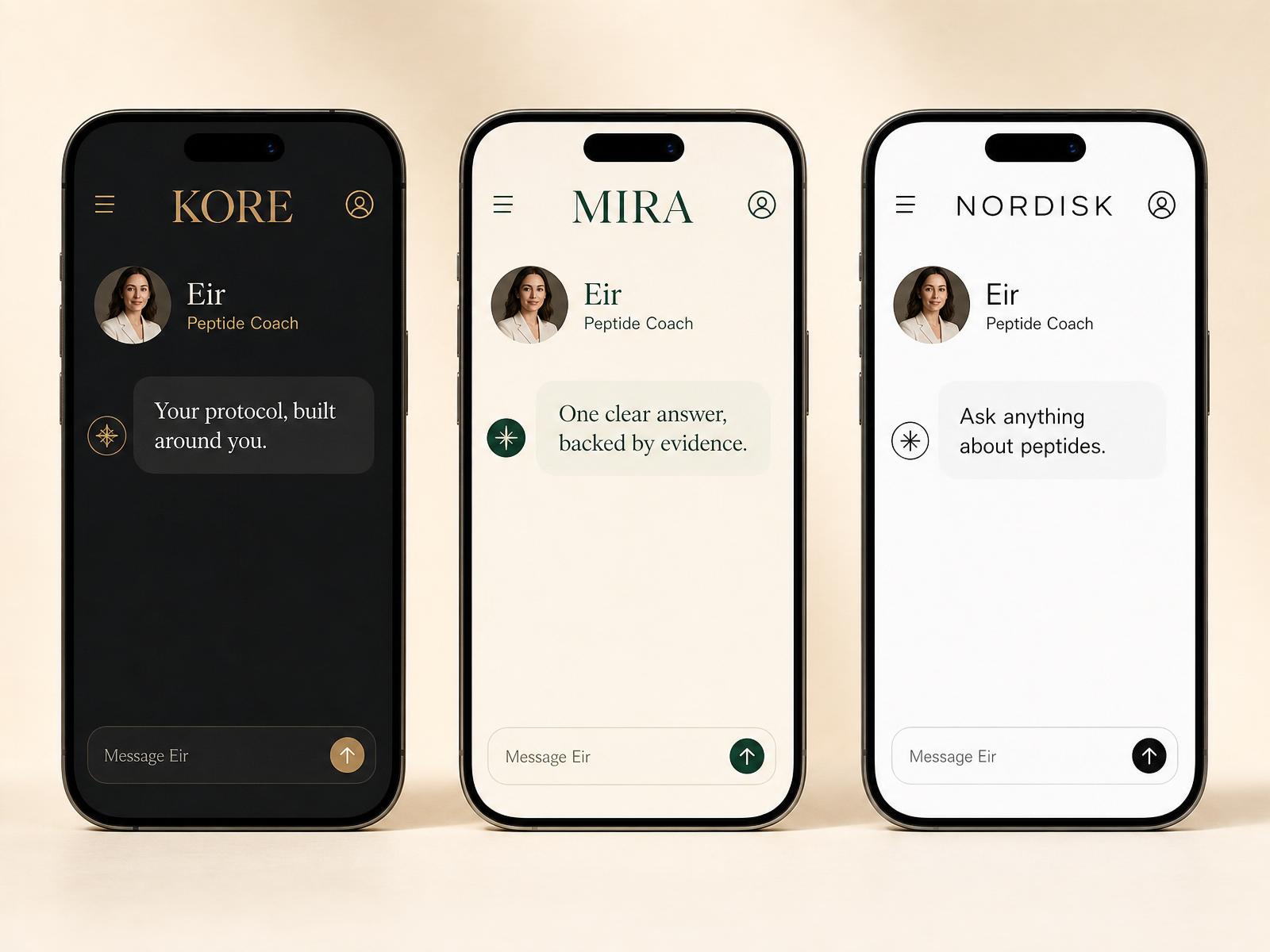 Three phone mockups showing Eir styled in three different brand skins