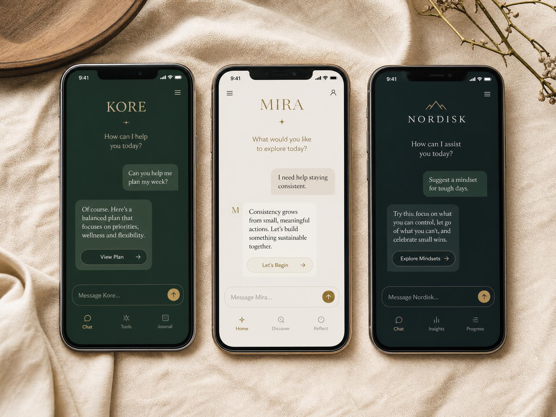 Three phone mockups showing Eir styled in three different brand skins