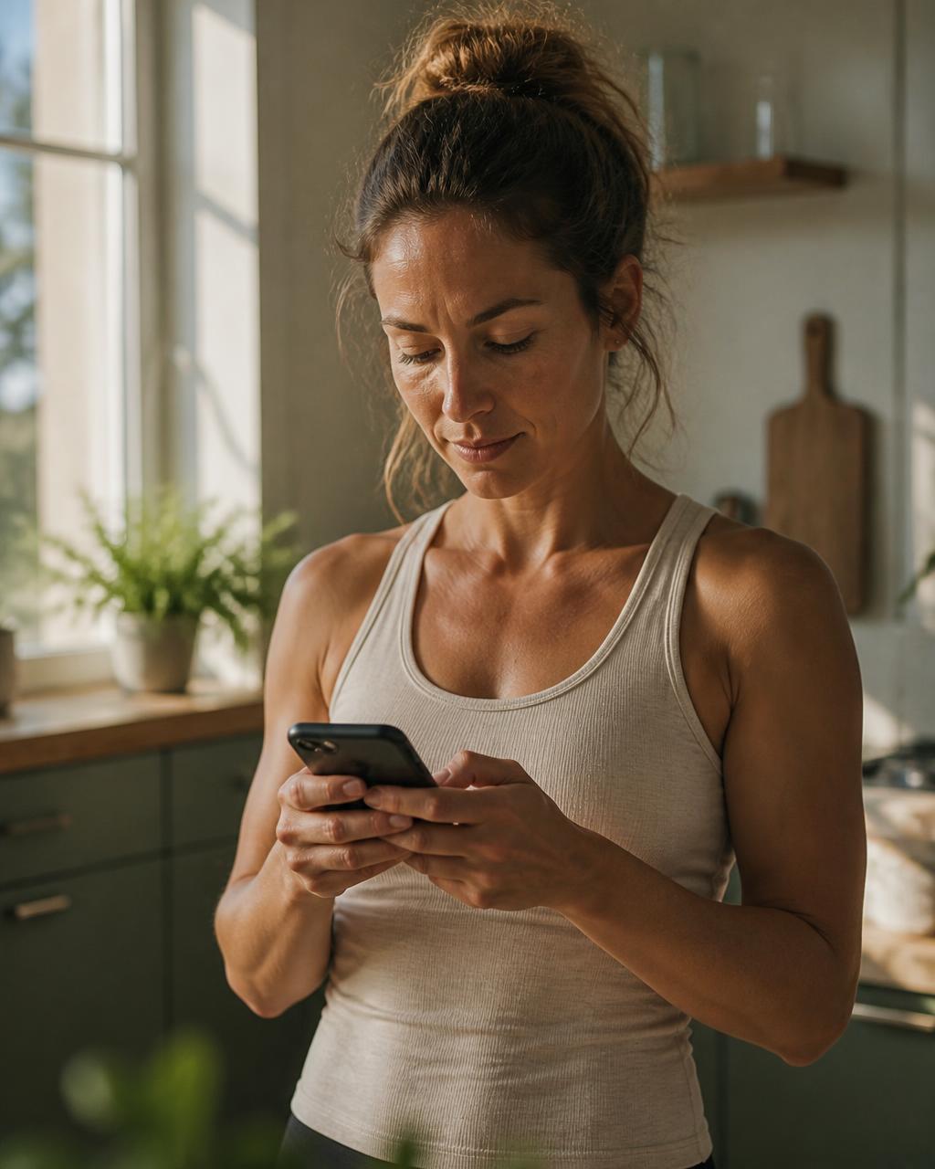 Woman in her thirties typing a message on her phone in a sunlit kitchen