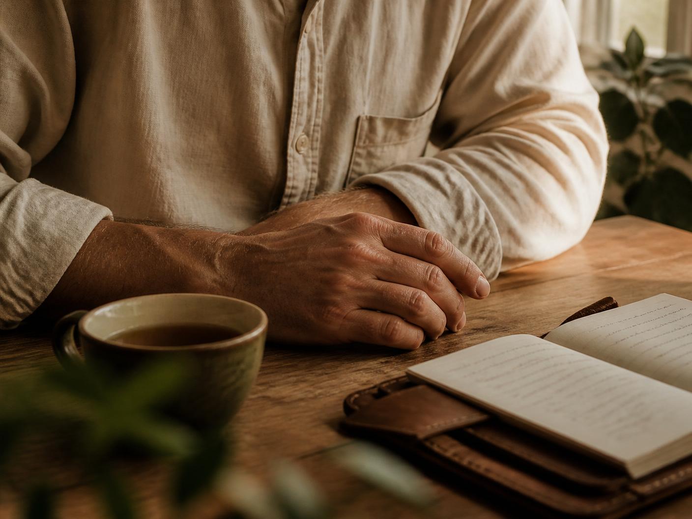 Close-up of a person’s hands resting beside a cup of tea and an open notebook