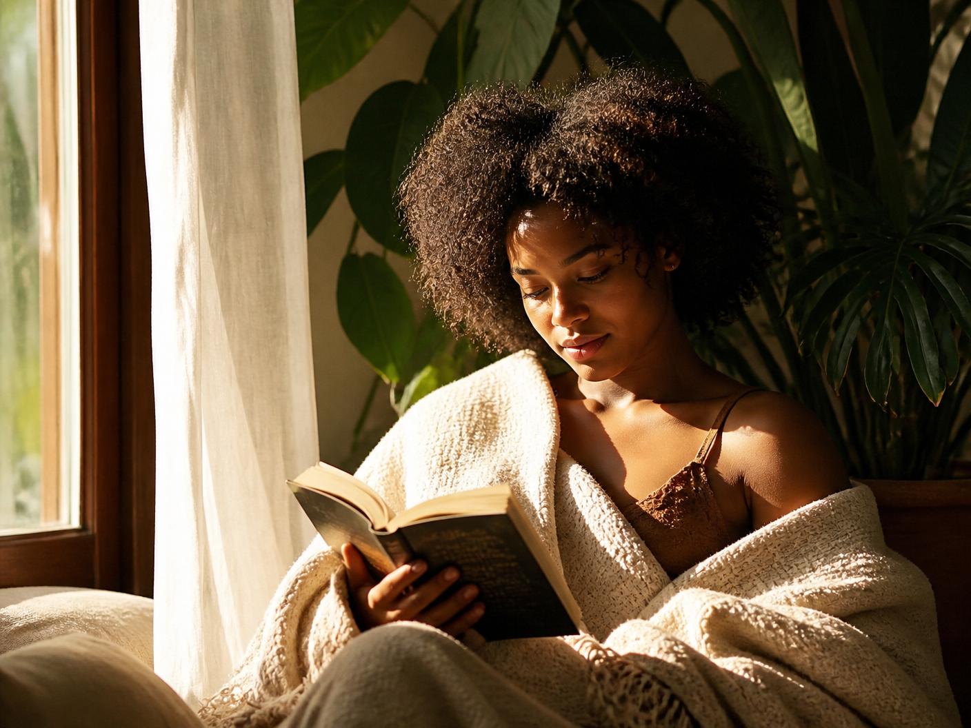 A woman reading quietly by a sunlit window, wrapped in a soft cream throw